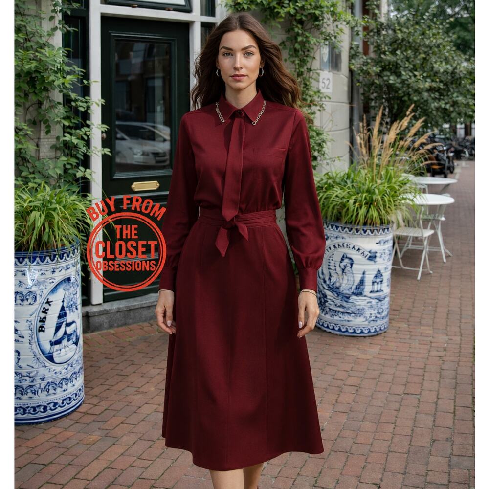 Zara NWT Burgundy Tie Neck Belted Midi Shirt Dress S M - Picture 6 of 16